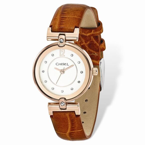 Chisel Ladies IP Rose-plated White Dial Brown Leather Watch - Picture 1 of 2